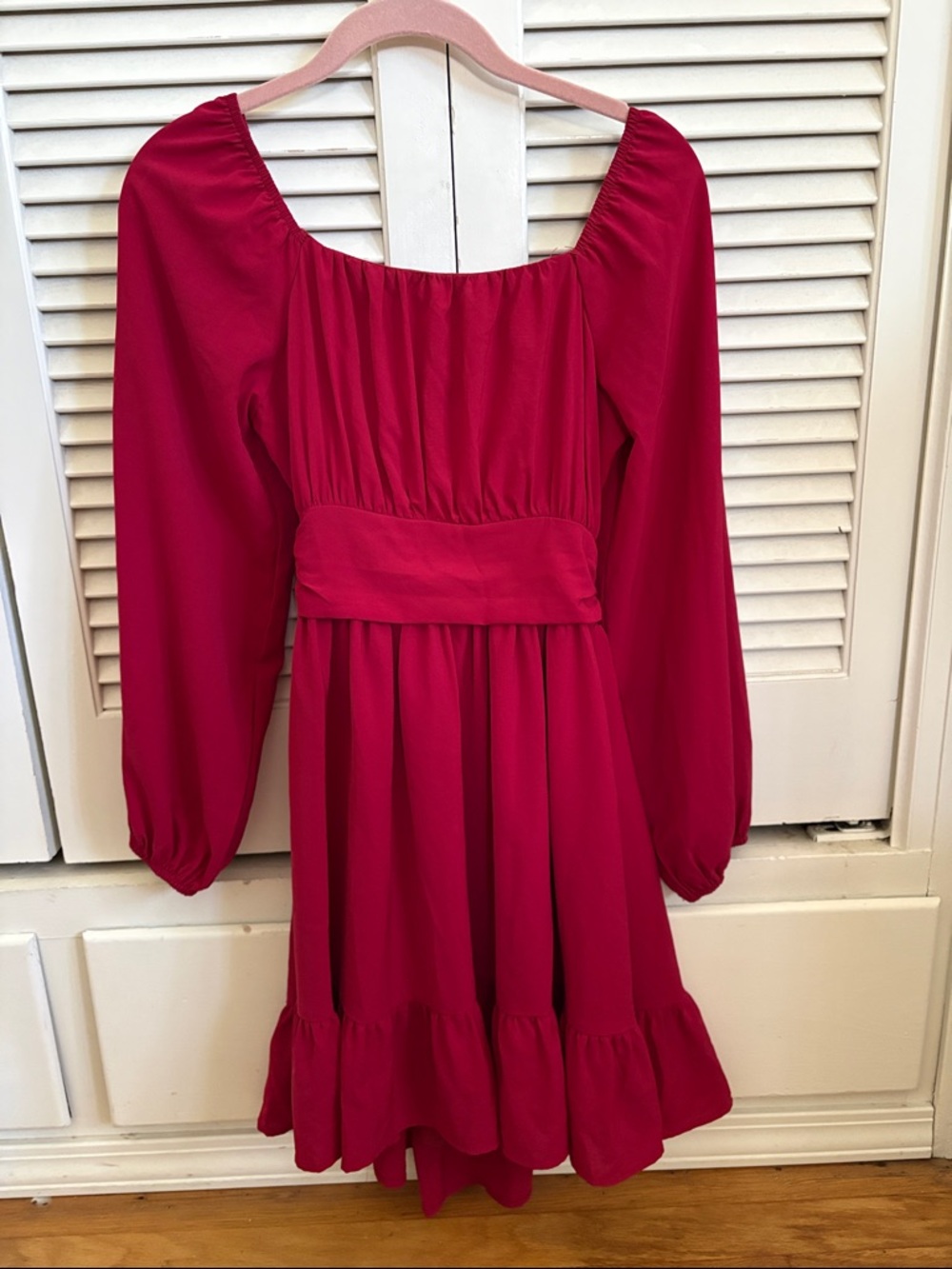 Girls' Red Long-Sleeve Smocked Waist Ruffle Hem Dress
